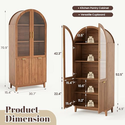 71" Tall Arched Cabinet with Glass Doors, Fluted Kitchen Pantry Cabinet, view 3