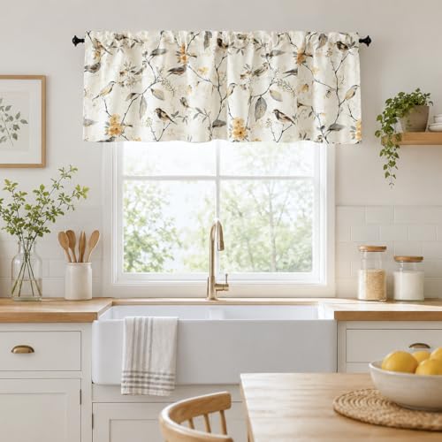 Gray Birds Valance for Kitchen Windows Floral Print Window Shades Rod Pocket Curtain Valances for Cafe Farmhouse, 52''x14'', One Piece