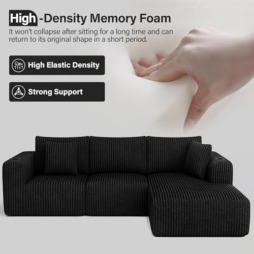 Modular Sectional Sofa, Cloud Boneless Couch with Deep Seat, Cup Holder, Memory Foam, Corduroy L Shaped Couch Convertible Sofa Bed for Living Room Bedroom, No Assembly Required