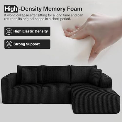 Modular Sectional Sofa, Cloud Boneless Couch with Deep Seat, Cup Holder, Memory Foam, Corduroy L Shaped Couch Convertible Sofa Bed for Living Room Bedroom, No Assembly Required