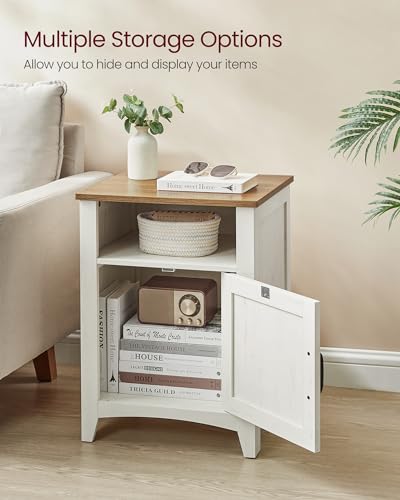 VASAGLE Nightstand Farmhouse Barn Door Bedside Table with Storage | Side End Table, Night Stand, Open Compartment, for Bedroom, Set of 2, Rustic White and Honey Brown, LIRY Collection
