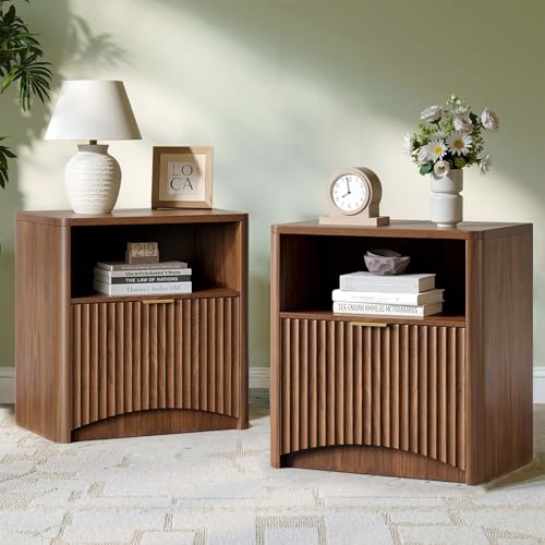 Walnut fluted mid century nightstands with drawers, set of 2, view 2