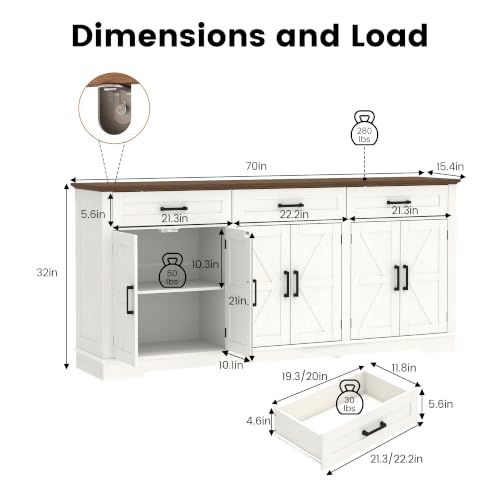 70" Farmhouse Buffet Cabinet with Storage 3 Drawers & 6 Barn Doors, White, view 3