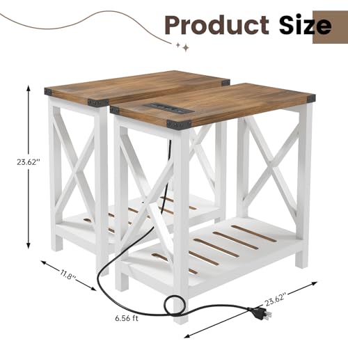 Farmhouse End Tables Living Room Set of 2, Narrow Side Table with Charging Station, Slim Nightstand for Small Space, Skinny Bedside Table, Sofa Side Table with Storage Shelf, White & Brown