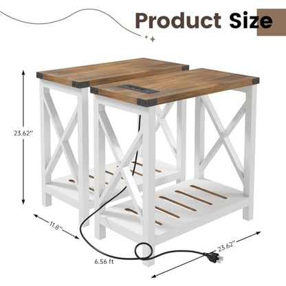 Farmhouse End Tables Living Room Set of 2, Narrow Side Table with Charging Station, Slim Nightstand for Small Space, Skinny Bedside Table, Sofa Side Table with Storage Shelf, White & Brown