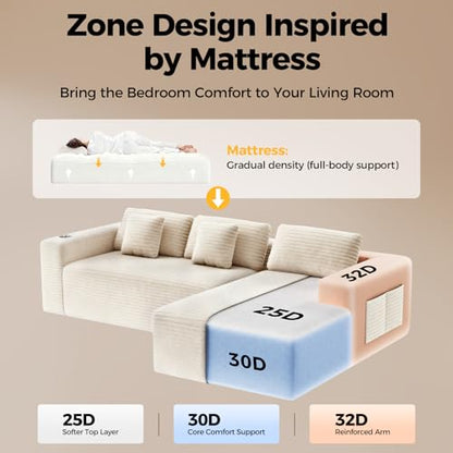 108" L-Shaped Boneless Sectional Couch, No Assembly Deep Seat, Beige | Cloud Sofa, 4-Seater Sofa, Storage Pockets, Plush Corduroy, Right-Facing Chaise