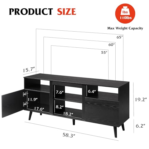 Mid-Century Modern TV Stand for 55 60 65 Inch TV, Entertainment Center with Extra Open Shelf & Storage Cabinets, Media TV Console for Living Room Bedroom Office, Black