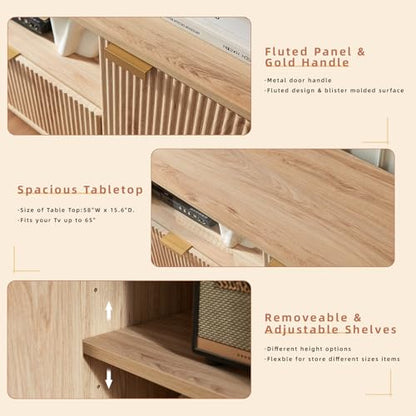 Modern Fluted TV Stand for 65 Inch TVs with Drawer, Oak | Modern fluted TV stand with drawer, storage cabinets, soft-close hinges and cable management, perfect for living rooms.