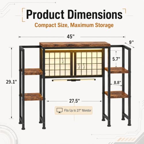 5-Tier LED Desk Hutch, Desk Shelf for Dorm Home Office, Rustic Brown, view 3