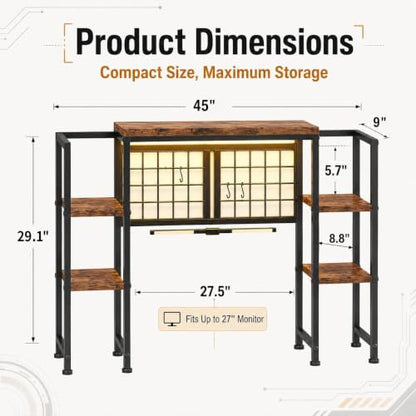 5-Tier LED Desk Hutch, Desk Shelf for Dorm Home Office, Rustic Brown, view 3