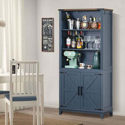 70in Tall Bookshelf 5 Tier Bookcase with Barn Doors and Adjustable Shelves, Blue Farmhouse Book Shelf with Storage Cabinet, Wood Freestanding Display Bookshelves for Bedroom, Living Room