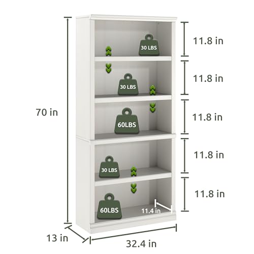 70-Inch Tall White Bookcase, 5 Tiers Shelves Open Storage Bookshelf, 33 in Wide Anti Tipping Indoor Furniture, Book Cases for Home Library Office Bedroom School