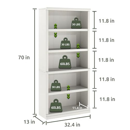 70-Inch Tall White Bookcase, 5 Tiers Shelves Open Storage Bookshelf, 33 in Wide Anti Tipping Indoor Furniture, Book Cases for Home Library Office Bedroom School