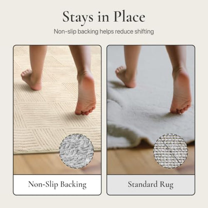 Soft Washable Area Rugs 5x7, 3D Modern Grid Design Rugs for Living Room, High-Low Pile Textured Non Slip Fuzzy Shag Carpet, Non-Shedding Stain Resistant Beige Carpet for Bedroom, Dining Room