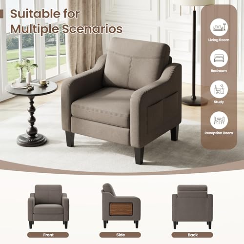 Upholstered Accent Chair with Foldable Side Table for Living Room | 2 Side Pockets, Modern Linen Armchair Wooden Fabric Chairs for Living Room, Comfy Reading for Bedroom/Office