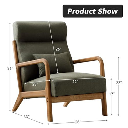 Mid Century Modern Accent Chair with High Back, Upholstered Living Room Chairs with Waist Cushion, Wood Frame Reading Armchair for Bedroom Sunroom, Green