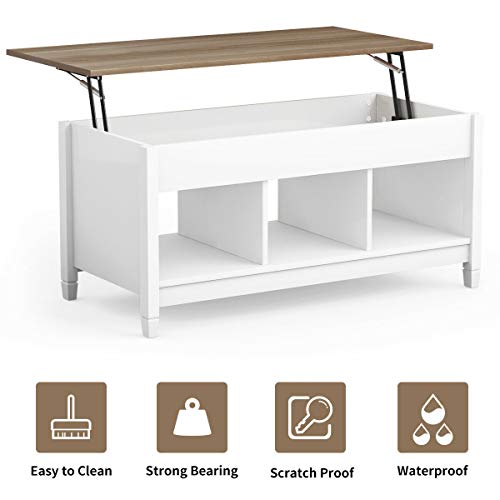 Lift Top Coffee Table, Wood Cocktail Table w/Hidden Compartment & Lower Storage Shelves, Wood Laptop Table, Lift Tabletop Home Furniture for Living Room, Guest Room, Office, White