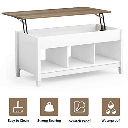 Lift Top Coffee Table, Wood Cocktail Table w/Hidden Compartment & Lower Storage Shelves, Wood Laptop Table, Lift Tabletop Home Furniture for Living Room, Guest Room, Office, White