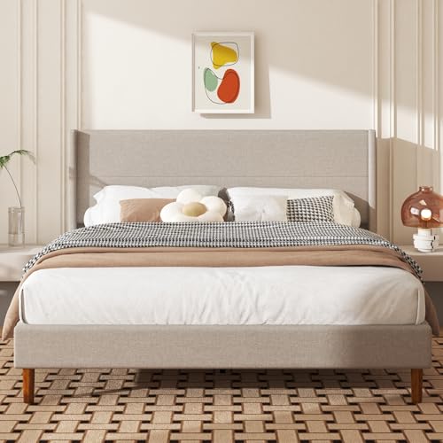King Size Linen Platform Bed Frame with Wingback Upholstered Headboard, view 2