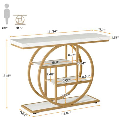 Tribesigns 41.3" Console Table, Industrial 4-Tier Sofa Entryway Table with Circle Base, Narrow Wood Accent Tables with Storage Shelves for Living Room, Hallway, Foyer, White Gold