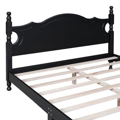 JIVOIT Retro Style Platform Bed with Headboard and Footboard, Queen Size Wood Platform Bed Frame with Wooden Slat Support, Solid Wood Foundation, No Box Spring Required (Black,Queen,5)