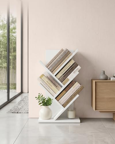 5 Tier Tree Bookshelf, Bookcase, Small Corner Shelf, Space Saving Book Tree for Home Office, Bedroom, Living Room, White