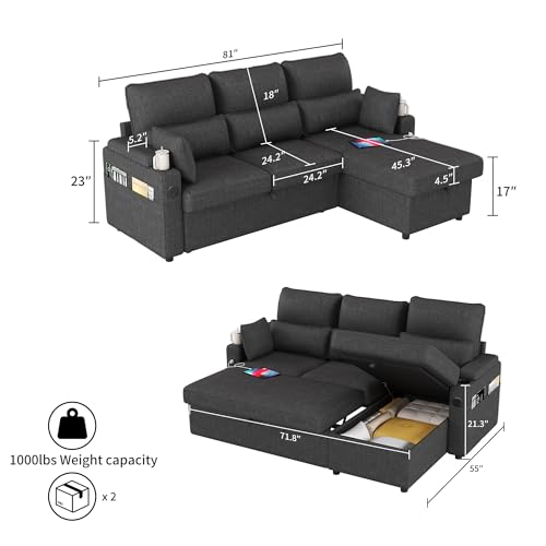 L-Sofa Bed Sleeper Pull Out with Storage Function and Two USB Ports and Cup, view 3