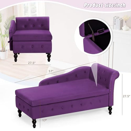 Velvet Chaise Lounge w/Right Armrest & Storage Space, Purpel, view 5