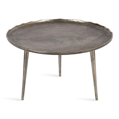 Alessia Modern Round Metal Coffee Table, 26 x 26 x 16, Silver, Sand Cast Aluminum Coffee Table with Raised Deckled Edge for Storage and Display