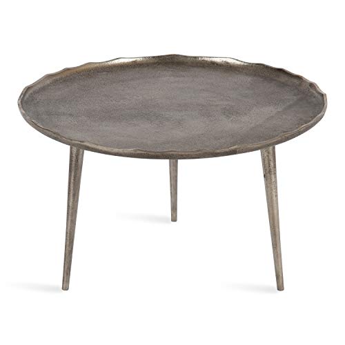 Alessia Modern Round Metal Coffee Table, 26 x 26 x 16, Silver, Sand Cast Aluminum Coffee Table with Raised Deckled Edge for Storage and Display