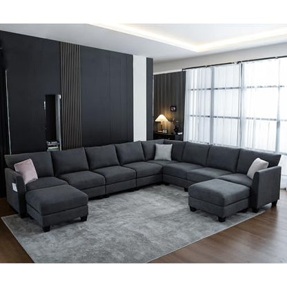 150.4" Large Sectional Couches for Living Room, 8 Seater L Shaped Modular Sectional Sofa with Two Storage Ottomans & USB, Oversized Corner Couch for Living Room (Grey)