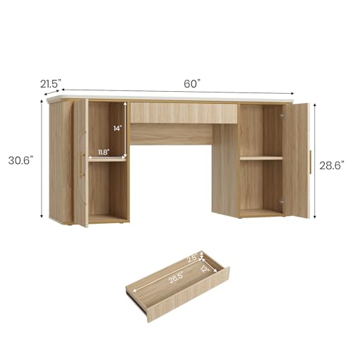 60" Fluted Writing Desk, Wooden Long Home Office Computer Desk with Drawer & Storage Cabinet, Modern Writing Table with Charging Station, High Executive Desk, Bedroom, Nature Oak, Set of 2