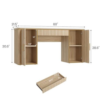60" Fluted Writing Desk, Wooden Long Home Office Computer Desk with Drawer & Storage Cabinet, Modern Writing Table with Charging Station, High Executive Desk, Bedroom, Nature Oak, Set of 2