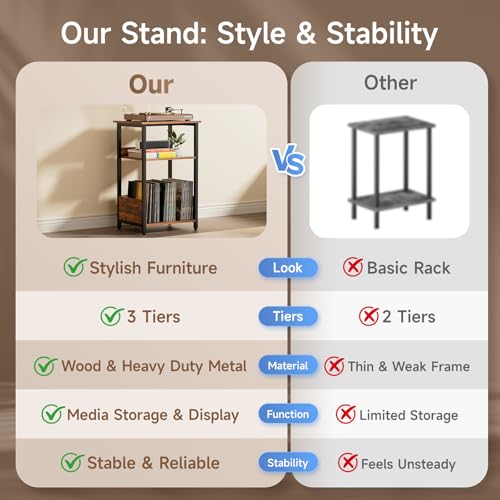 3-Tier Record Player Stand & Vinyl Storage Cabinet – Turntable Side/End Table, view 5