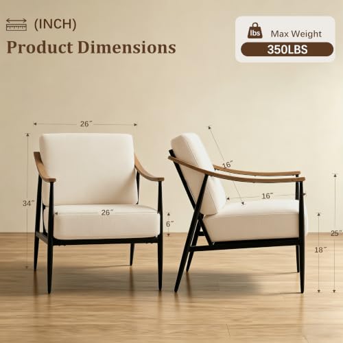 Modern Accent Chairs Set of 2 for Living Room Bedroom Mid Century Arm Chairs Upholstered Office Accent Chairs Comfy Waiting Room Chairs with Metal Frame, Beige