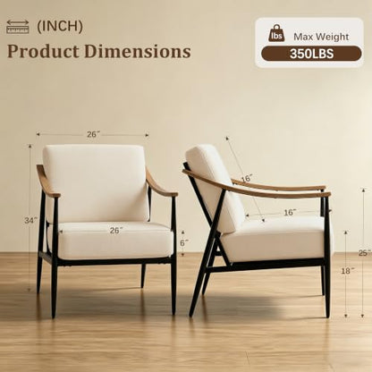 Modern Accent Chairs Set of 2 for Living Room Bedroom Mid Century Arm Chairs Upholstered Office Accent Chairs Comfy Waiting Room Chairs with Metal Frame, Beige