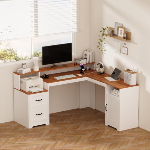 63" 2 Drawers Home Office Desks, File Cabinet Computer Charge Desk L Shape, view 4