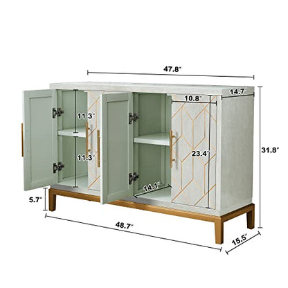 48" Accent Cabinet with 4 Doors and Shelves, Modern Credenza Storage Cabinet with Gold Trim, Green Buffet Cabinet for Living Room, Kitchen, Dining Room, Hallway