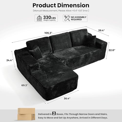 106" Cloud Sectional Couch with Chaise Lounge,L Shaped Modular Modern Sofa,Comfy Corduroy Fluffy Sofa with Deep Seat,No Assembly Required Couch for Living Room(Left,Plush Corduroy,Black)
