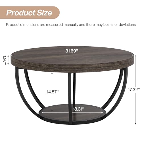 Tribesigns Round Coffee Table, 31.7" Wooden 2-Tier Circle Coffee Table with Storage Shelves, Modern Accent Cocktail Table Center Table for Living Room, Grey