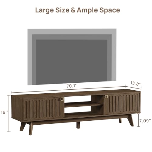 70" Long TV Stand for Living Room, Modern TV Stand Entertainment Center with 2 Storage Cabinets, Mid Century Fluted-Door Media Console Table for 50/60/70/80 Inch TV, Coffee Oak