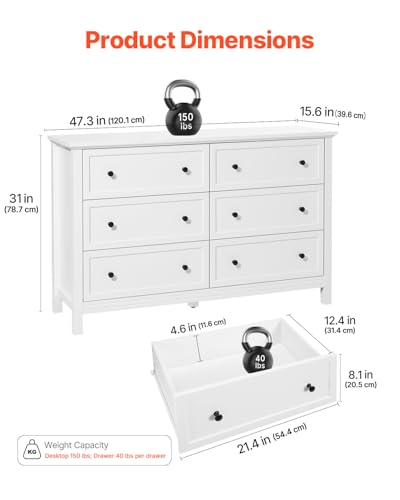 6 Drawer White Dresser, Wood Dresser Chest of Drawers with Middle Sliding Leg, view 4