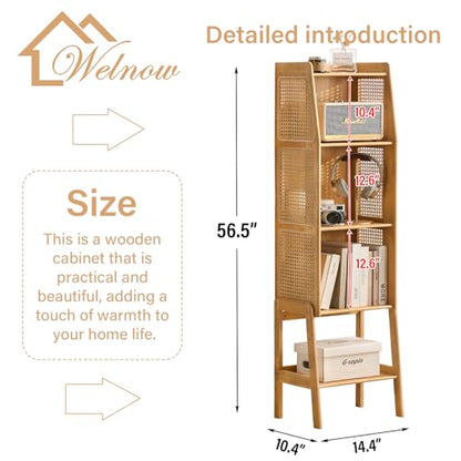 Bamboo Rattan Bookcase with Cabinet, 3-Tier Storage Shelf with Side Table & End Table Function, Large Modern Wood Organizer for Living Room or Bedroom, Natural Bookshelf