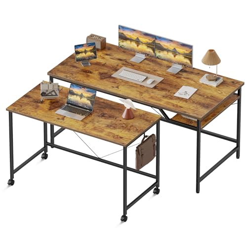 48 inch Computer Desk w/Shelf & Adjustable Feet, 32 inch Rolling Office Desk w/ 1 Hook, Small Space Desk for Home, Office, Study, Writing, Bedroom, 2 Pack