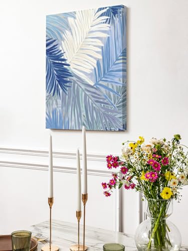 NuYeBiofx Watercolor Blue White Banana Palm Leaf Canvas Wall Art Prints,48"x32" Framed Picture Artwork Farm Tropical Leaves Printed Canvas Oil Painting for Living Room Bedroom Office,Ready to Hang