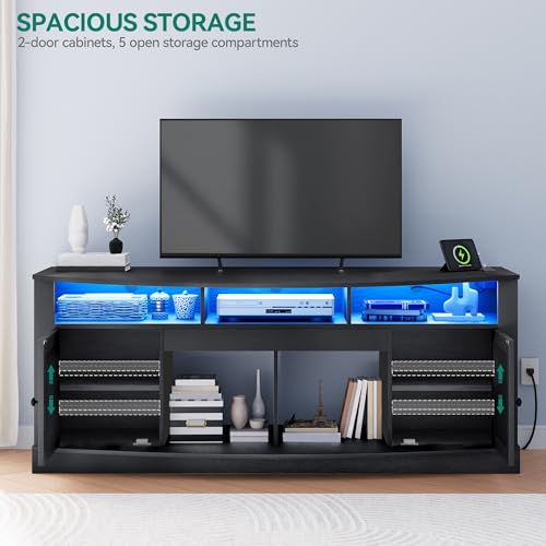 TV Stand with Curved Desktop for 75/80 Inch TVs, Black | Entertainment Center with LED Lights, Media Furniture TV Table with with Power Outlet, TV Consoles for Living Room