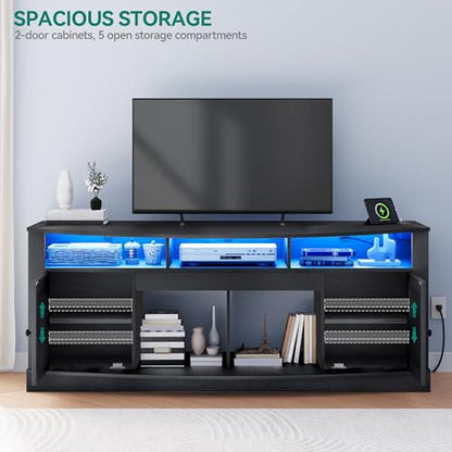 TV Stand with Curved Desktop for 75/80 Inch TVs, Black | Entertainment Center with LED Lights, Media Furniture TV Table with with Power Outlet, TV Consoles for Living Room