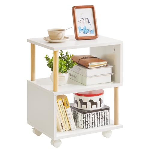 Wooden Night Stand with Open Shelf, Nightstand with Wheels, S-Shaped Bed Side Table 3 Tier, 20 inch High End Table White YD-TM155W
