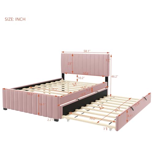 JIVOIT Velvet Fabric Upholstered Platform Bed, Full Size Platform Bed with Twin Size Trundle, Upholstered Headboard and Wood Slats Support for Teens (Pink/Full,486)