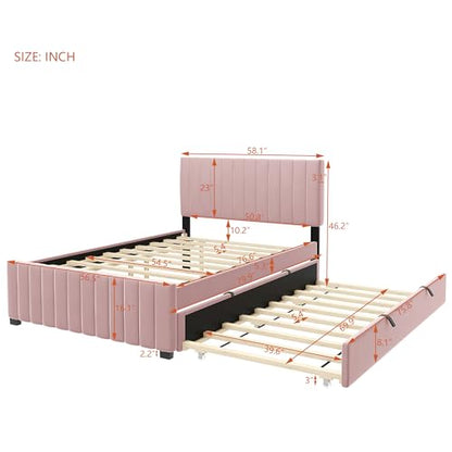JIVOIT Velvet Fabric Upholstered Platform Bed, Full Size Platform Bed with Twin Size Trundle, Upholstered Headboard and Wood Slats Support for Teens (Pink/Full,486)